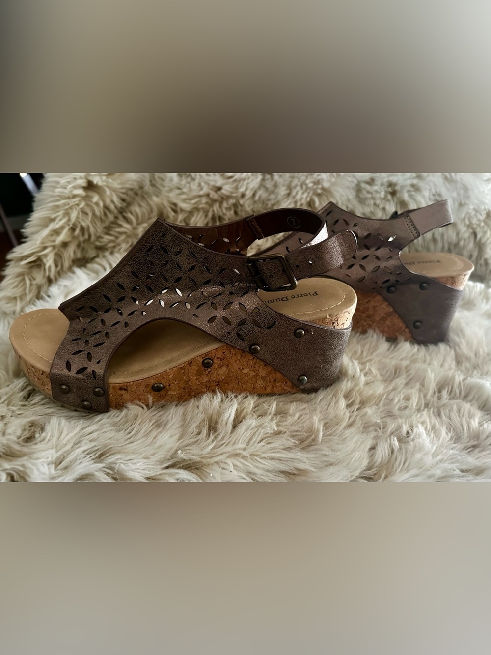 Pierre Dumas Bronze Cutout Cork Wedge Sandals